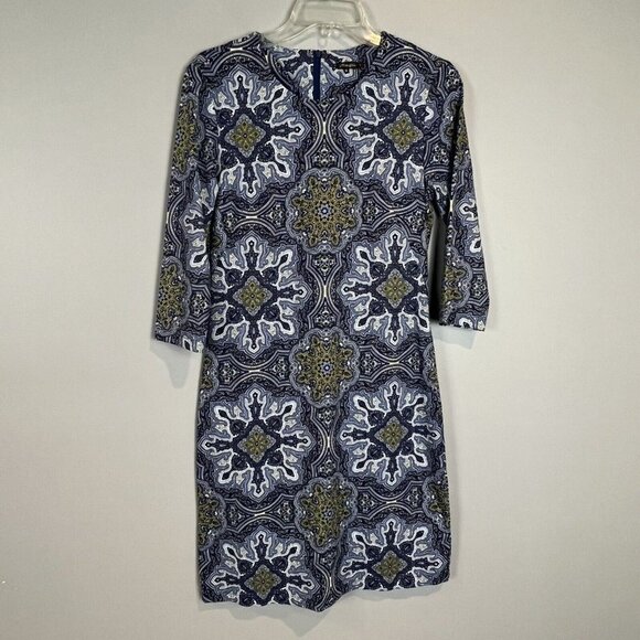 J McLaughlin Dress Blue Print Size Small 3/4 Sleeves - Picture 1 of 9